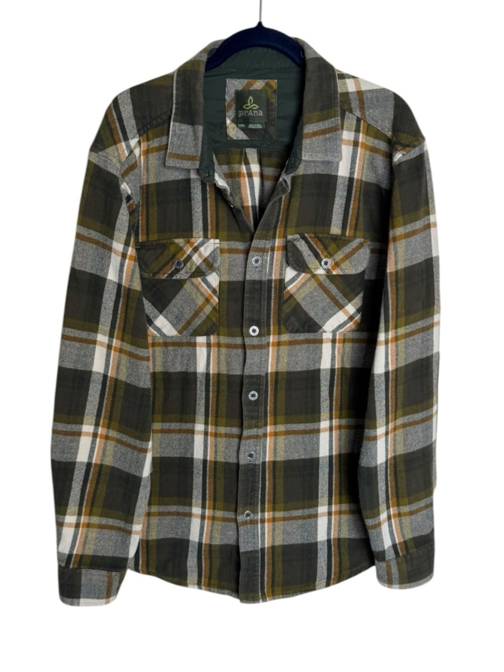 Prana Westbrook Plaid Flannel Button-Up Olive Green Orange mens size Large